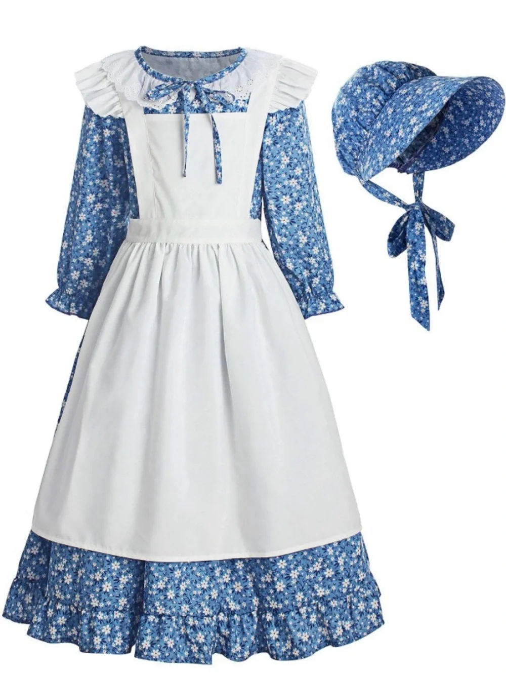 Blue Floral Pioneer Girl Costume with White Apron and Bonnet